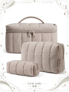 3-Piece Puffy Travel Makeup Bag Set Water-Resistant Cosmetic Pouches